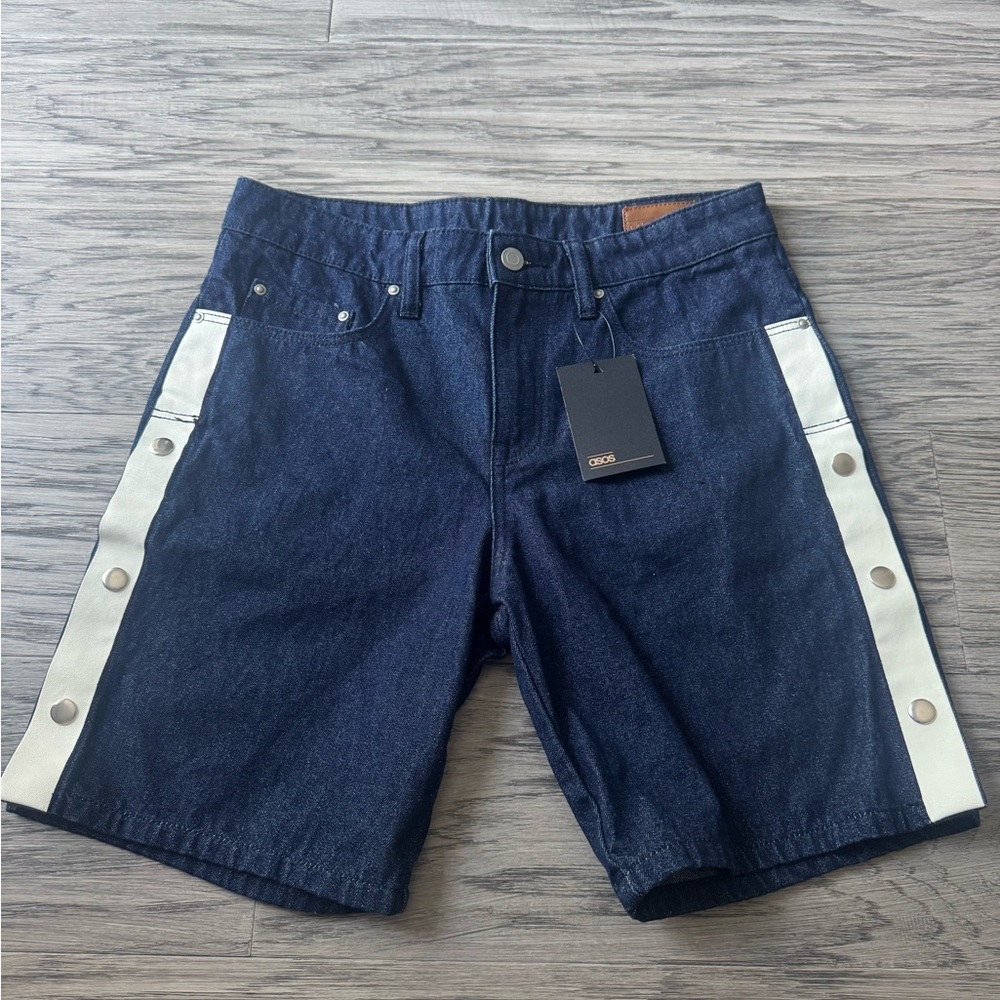 ASOS MENS tags Dark Blue Jean Shorts with White Side Stripes